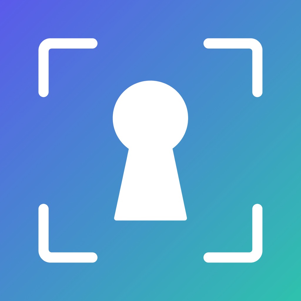PairVault app icon: a white keyhole inside scanner brackets on an indigo-to-teal gradient