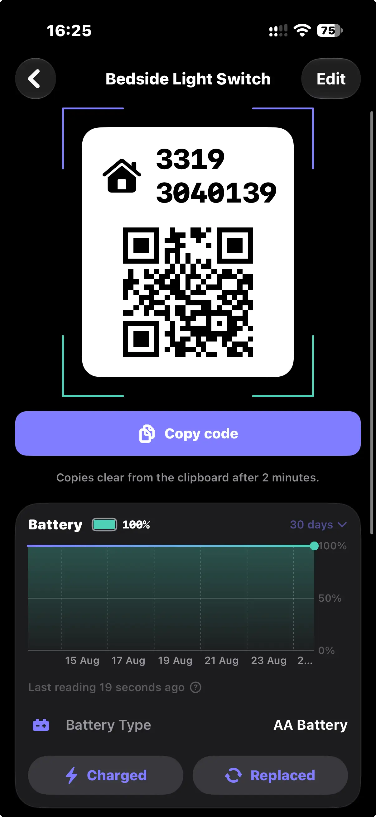 An accessory detail screen with its setup code and a regenerated QR code.