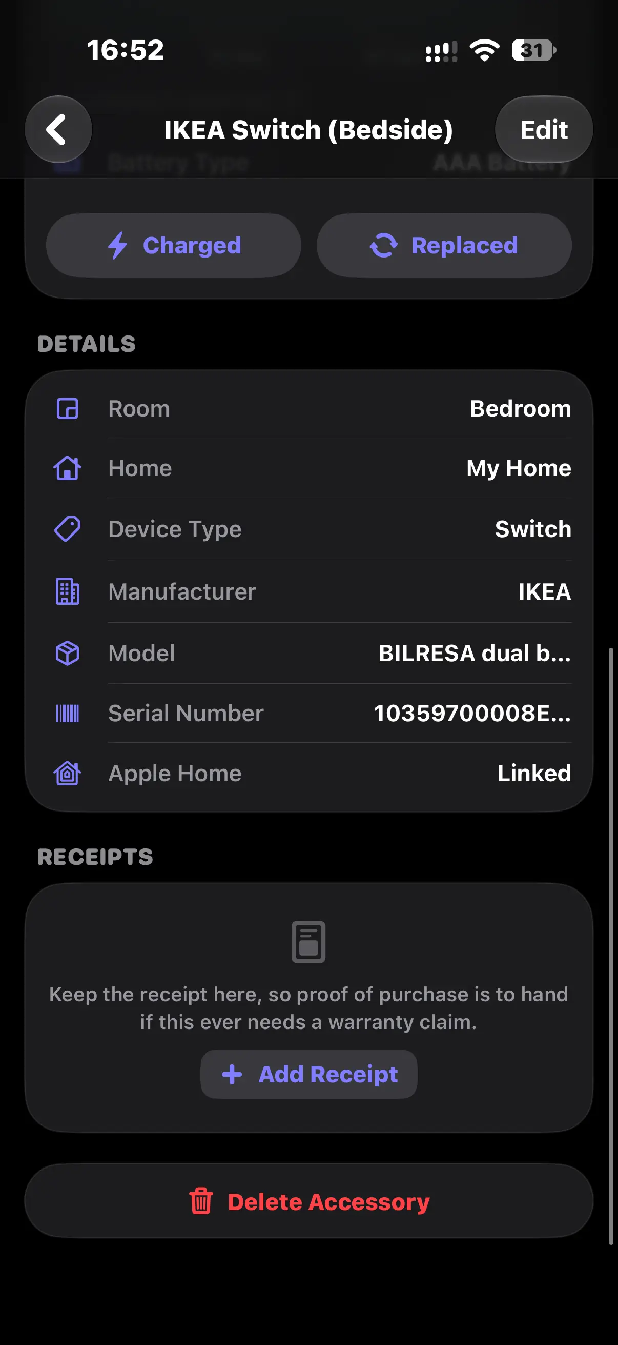 Further down an accessory: room, home, type, manufacturer, model and serial number, its Apple Home link, and a section for keeping the receipt.